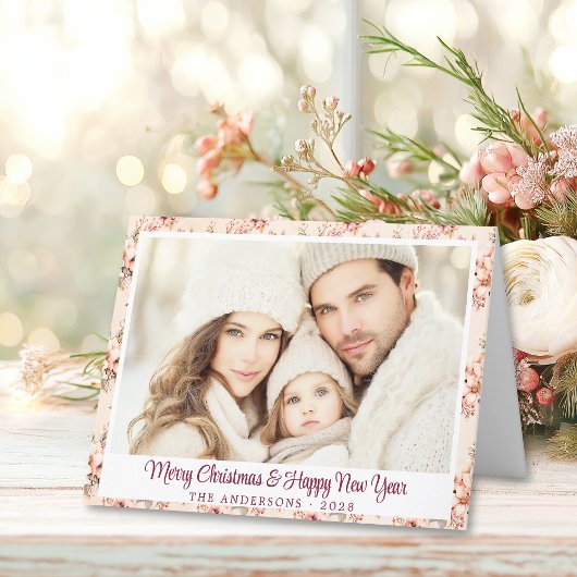 ヴィンテージピンクフローラカスタマイズ可能クリスマスカード シーズンカード