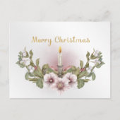 ヴィンテージピンクフローラキャンドルウォーター色クリスマス シーズンポストカード (正面)