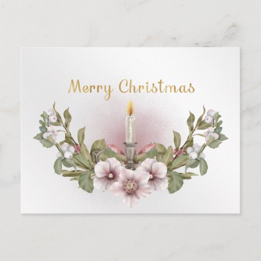 ヴィンテージピンクフローラキャンドルウォーター色クリスマス シーズンポストカード (正面)