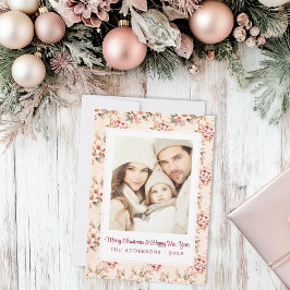 ヴィンテージピンクフローラクリスマスカスタマイズ可能フラット シーズンカード