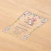 ヴィンテージピンクフローラハイティーパーティーブライダルシャワー アクリル招待状 (レイダウン)