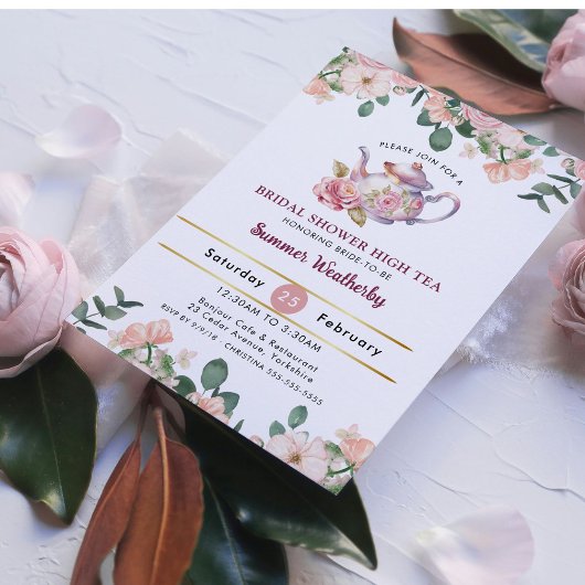 ヴィンテージピンクフローラハイティーパーティーブライダルシャワー 招待状