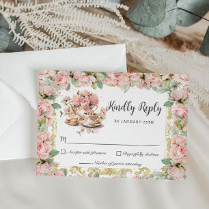 ヴィンテージピンクフローラハイティーパーティーベビーブライダル 出欠カード