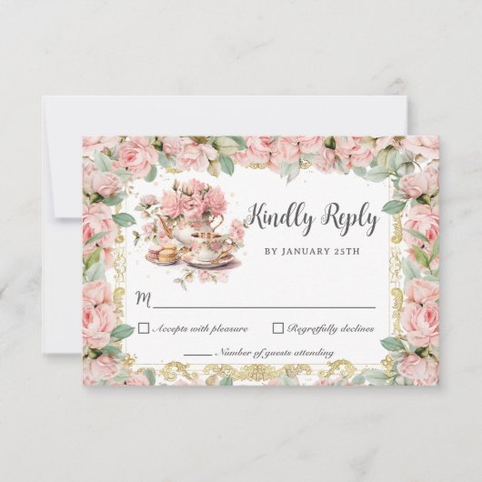 ヴィンテージピンクフローラハイティーパーティーベビーブライダル 出欠カード (正面)