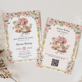 ヴィンテージピンクフローラハイティーパーティー赤ちゃんシャワー 招待状