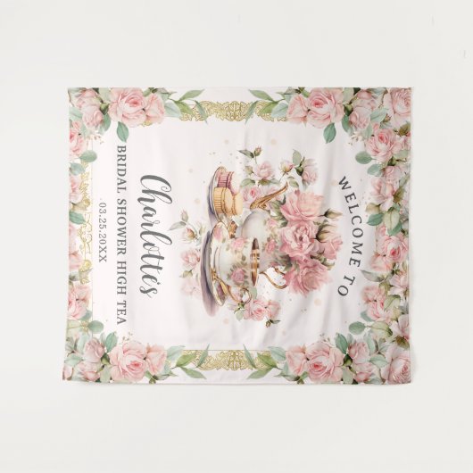 ヴィンテージピンクフローラハイティーブライダルベビーシャワー タペストリー (正面(横))