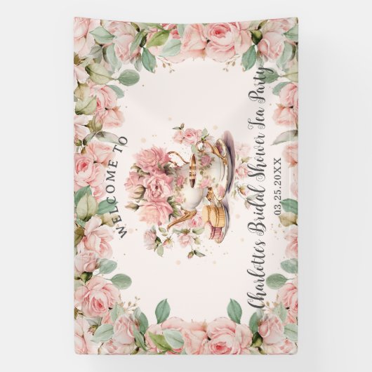 ヴィンテージピンクフローラハイティーブライダルベビーシャワー 横断幕 (縦)