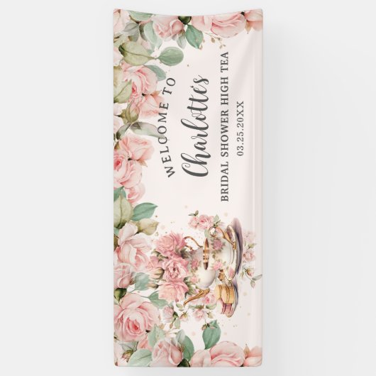 ヴィンテージピンクフローラハイティーブライダルベビーシャワー 横断幕 (縦)