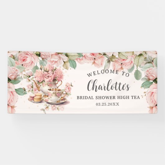 ヴィンテージピンクフローラハイティーブライダルベビーシャワー 横断幕 (横)