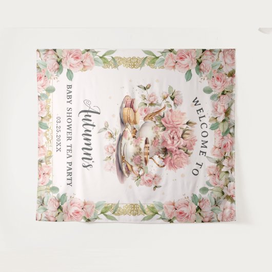ヴィンテージピンクフローラハイティーベビーブライダルシャワー タペストリー (正面(横))