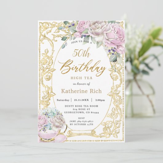 ヴィンテージピンクフローラハイティー誕生日ANY AGE 招待状 (スタンド正面)