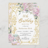 ヴィンテージピンクフローラハイティー誕生日ANY AGE 招待状 (正面/裏面)