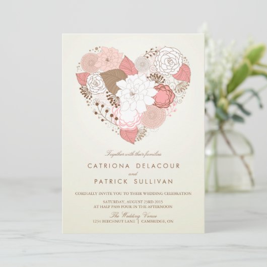 ヴィンテージピンクフローラハート結婚式招待状 招待状 (スタンド正面)