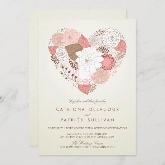 ヴィンテージピンクフローラハート結婚式招待状 招待状 (正面/裏面)