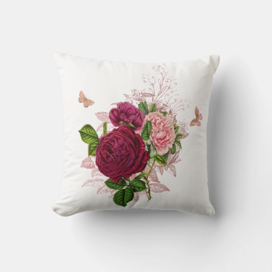 ヴィンテージピンクフローラバタフライブーケ クッション (正面)