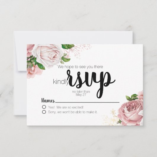 ヴィンテージピンクフローラバラネイビーブルーウェディングRSVP 出欠カード (正面)