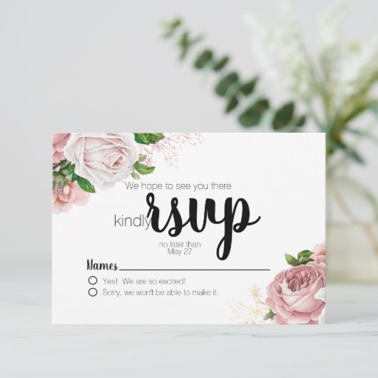 ヴィンテージピンクフローラバラネイビーブルーウェディングRSVP 出欠カード (スタンド正面)