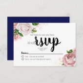 ヴィンテージピンクフローラバラネイビーブルーウェディングRSVP 出欠カード (正面/裏面)