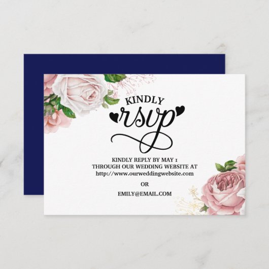 ヴィンテージピンクフローラバラネイビーブルーウェディングRSVP 出欠カード (正面/裏面)
