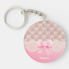 ヴィンテージピンクフローラバラリボンとレース名 キーホルダー