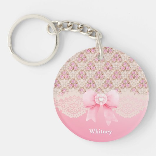 ヴィンテージピンクフローラバラリボンとレース名 キーホルダー (正面)
