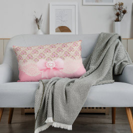 ヴィンテージピンクフローラバラリボン及びレース アクセントクッション