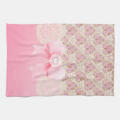 ヴィンテージピンクフローラバラリボン及びレース キッチンタオル (横)