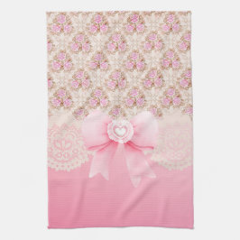 ヴィンテージピンクフローラバラリボン及びレース キッチンタオル