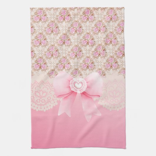 ヴィンテージピンクフローラバラリボン及びレース キッチンタオル (縦)