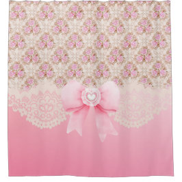 ヴィンテージピンクフローラバラリボン及びレース シャワーカーテン