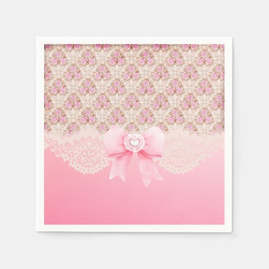 ヴィンテージピンクフローラバラリボン及びレース スタンダードカクテルナプキン (正面)