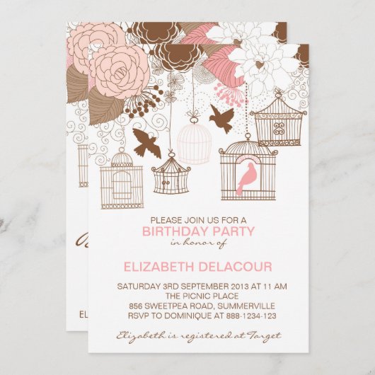 ヴィンテージピンクフローラビルダージュ誕生日招待状 招待状 (正面/裏面)