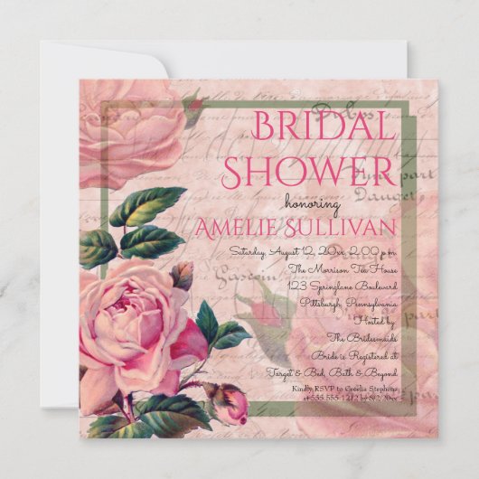 ヴィンテージピンクフローラフランスのエフェラブライダルシャワー 招待状 (正面)