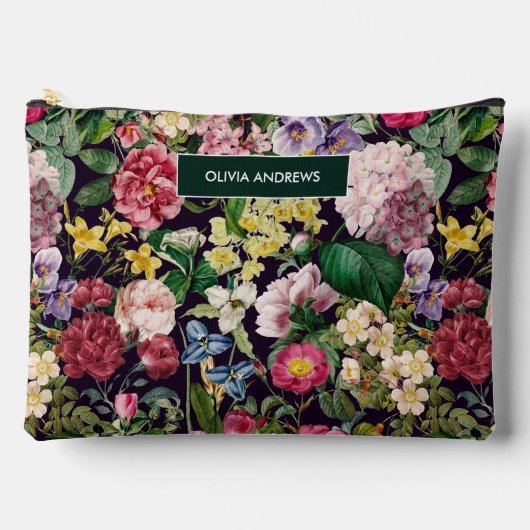 ヴィンテージピンクフローラブラックパターンモノグラム アクセサリーポーチ (正面)