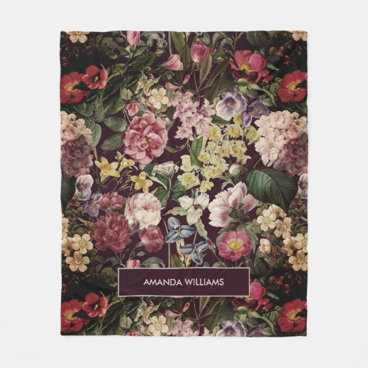 ヴィンテージピンクフローラブラックパターンモノグラム フリースブランケット (正面)