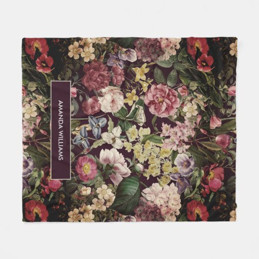 ヴィンテージピンクフローラブラックパターンモノグラム フリースブランケット (正面(横))