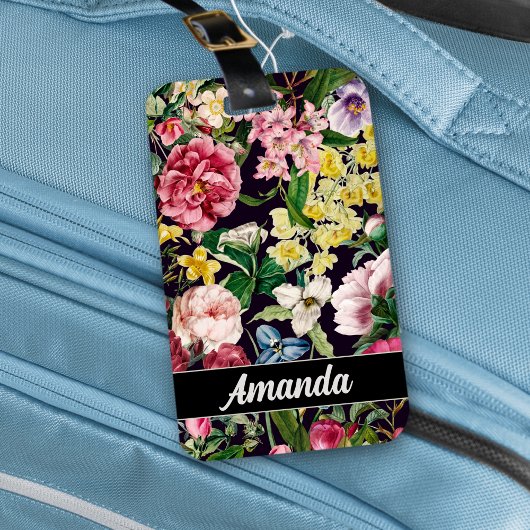 ヴィンテージピンクフローラブラックパターンモノグラム ラゲッジタグ