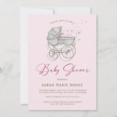ヴィンテージピンクフローラベビーキャリッジガールベビーシャワー 招待状 (正面)