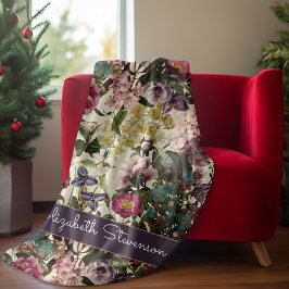 ヴィンテージピンクフローラベージュ模様モノグラム フリースブランケット