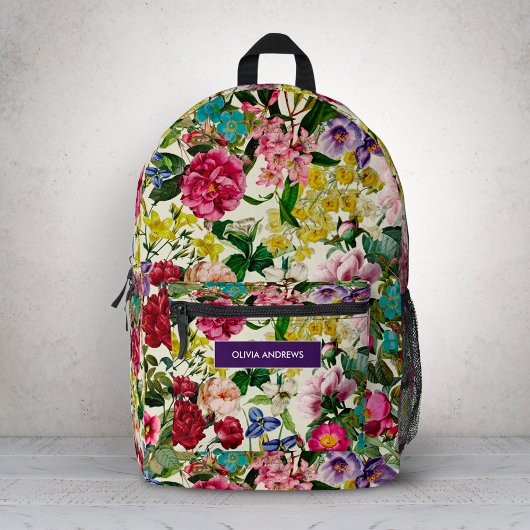 ヴィンテージピンクフローラベージュ模様モノグラム プリントバックパック