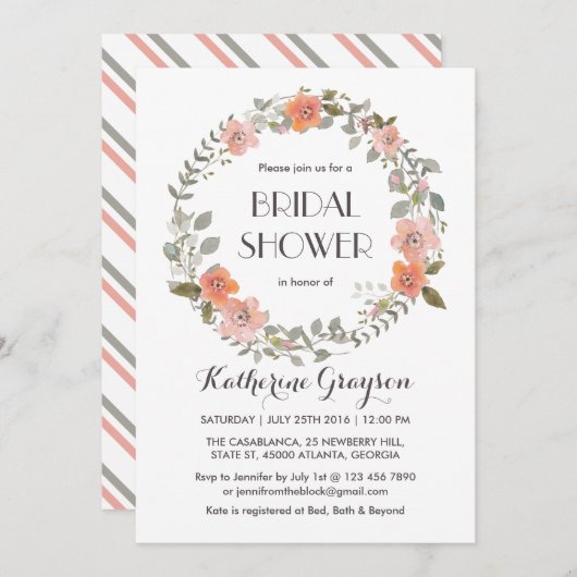 ヴィンテージピンクフローラリースブライダルシャワー招待状 招待状 (正面/裏面)