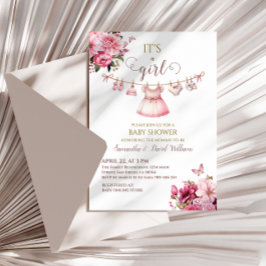 ヴィンテージピンクフローラ女の子の赤ちゃんシャワー 招待状