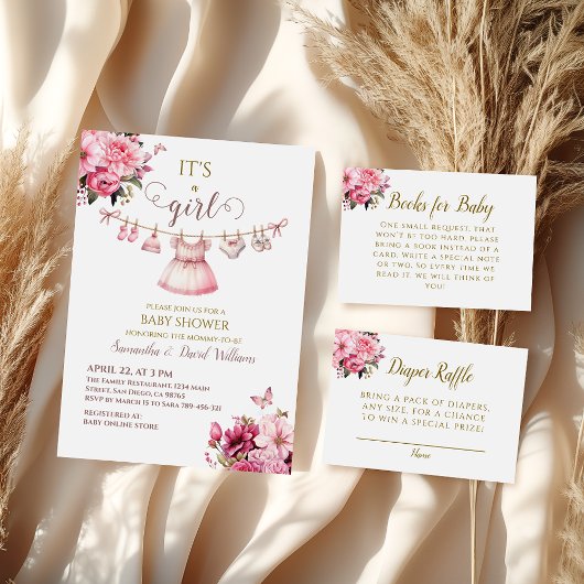 ヴィンテージピンクフローラ女の子の赤ちゃんシャワー 招待状