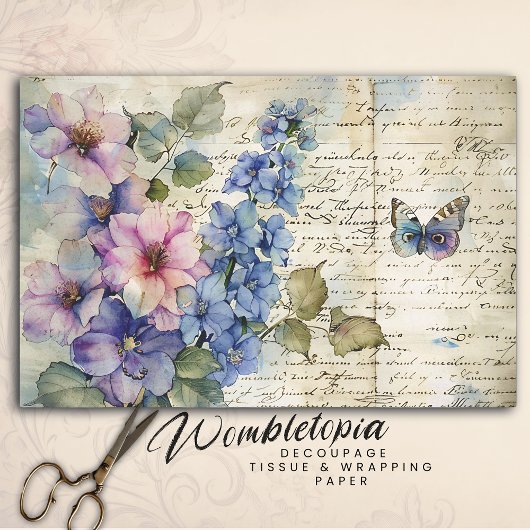 ヴィンテージピンクフローラ水彩オンアンティーク紙 薄葉紙