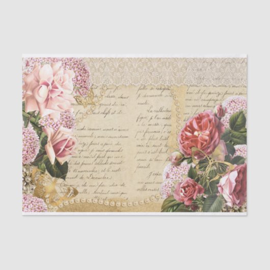 ヴィンテージピンクフローラ真珠バタフライティッシュペーパー 薄葉紙 (正面)