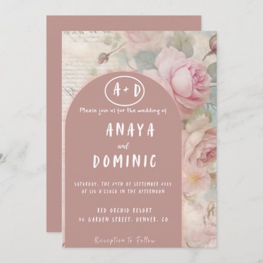 ヴィンテージピンクフローラ結婚式招待状 招待状 (正面/裏面)