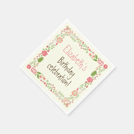 ヴィンテージピンクフローラ縁ど誕生会 スタンダードカクテルナプキン (角)