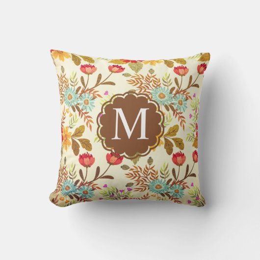 ヴィンテージピンクブラウンブルーフローラモノグラムスローピル クッション (正面)