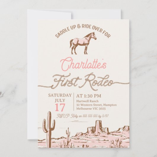 ヴィンテージピンクブラウンホース最初のロデオ1誕生日 招待状 (正面)