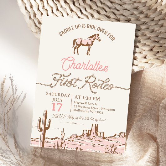 ヴィンテージピンクブラウンホース最初のロデオ1誕生日 招待状